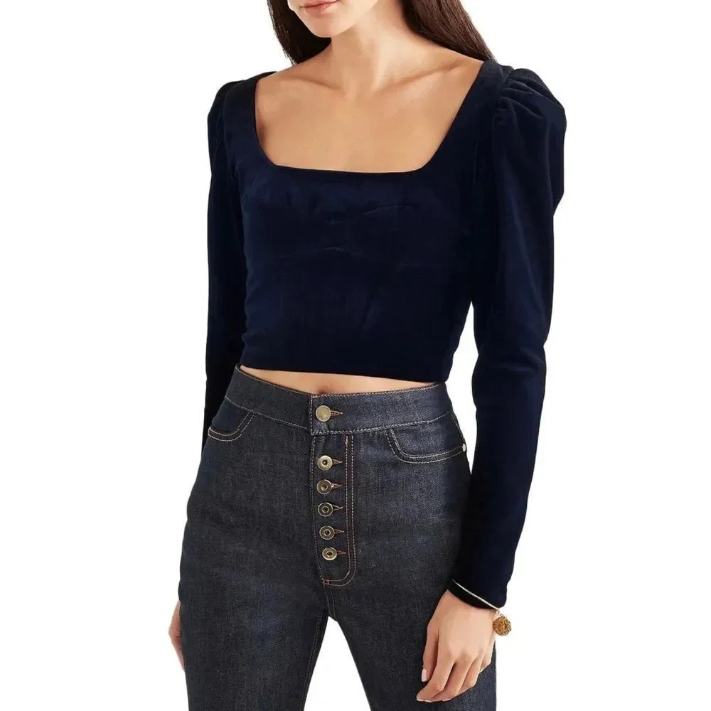 Silvia Tcherassi Madison Navy Velvet Cropped Top L Luxury Designer NEW